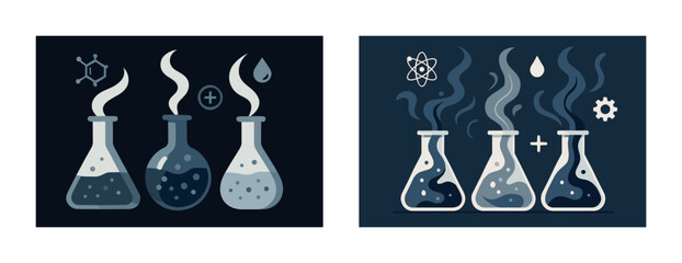 Chemical experiment with steaming flasks and scientific symbols