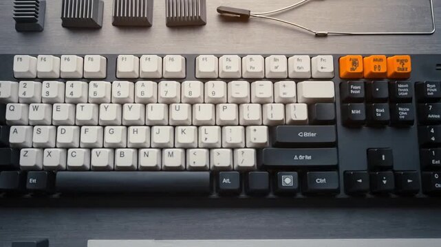 Close-up of a mechanical keyboard with custom keycaps, showcasing a unique blend of white, black, and vibrant orange keys