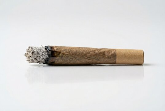 Close-up of a lit marijuana joint with ash on a white background