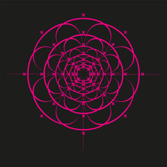 Pink spiral pattern. Abstract geometric shape. Circular mandala design. Vector dark background.