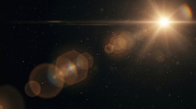 Bright sun flare with dust particles and lens flares on a dark background