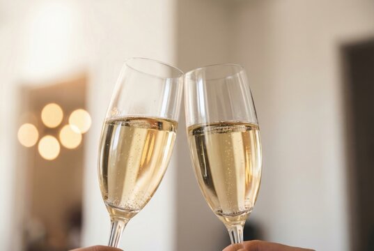 Two champagne glasses clinking together in a celebratory toast with bokeh lights in the background