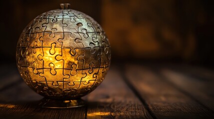 A detailed metallic puzzle sphere with intricate interlocking pieces rests on a wooden surface with soft lighting