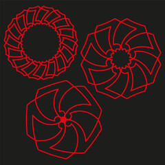 Neon flower Vector. Glowing spiral bloom. Vibrant red ornament. Intense dark background.