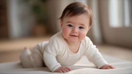 Fototapeta premium Cute baby crawling on a soft surface, smiling face and active movement highlighting learning, independence, sensory exploration, and natural infant behavior. cinematic color correction, natural