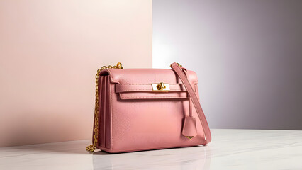 Pink leather purse with tassel and gold hardware on white surface