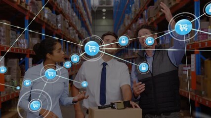 Animation of network of connections over three diverse warehouse workers - Powered by Adobe