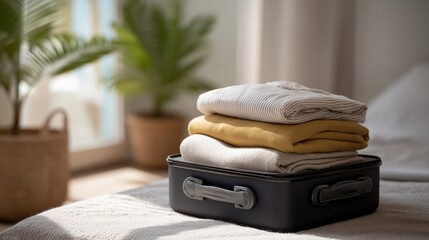 A neatly packed suitcase sitting ready for travel, filled with carefully selected clothing, travel essentials, and personal items, reflecting excitement for the upcoming adventure. cinematic color