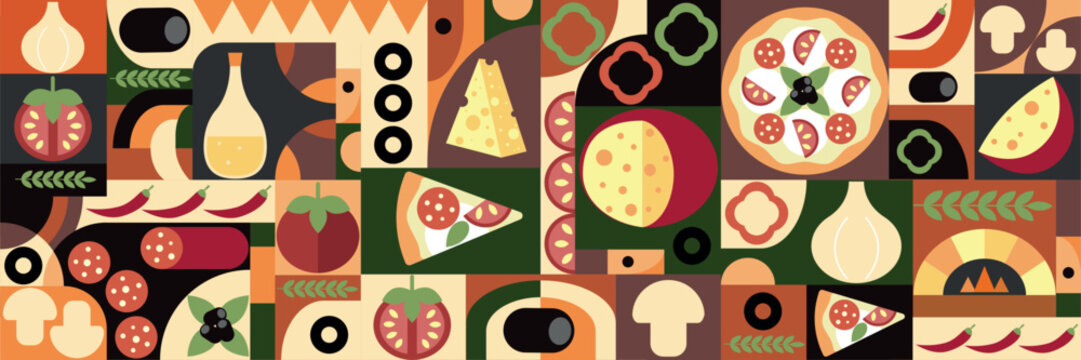 Pizza mosaic seamless pattern, flat design, pizza ingredients and slices, abstract geometric design of Italian pizzeria