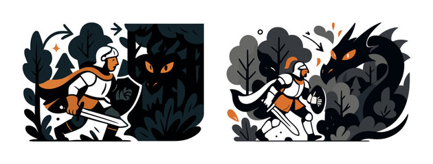 Naklejka premium Courageous knight confronting dragon in enchanted forest illustration