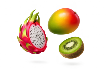 Fresh Mango, Dragon Fruit, Kiwi on transparent background in Still Life