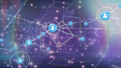 Animation of network of connections with icons over geometrical shapes - Powered by Adobe