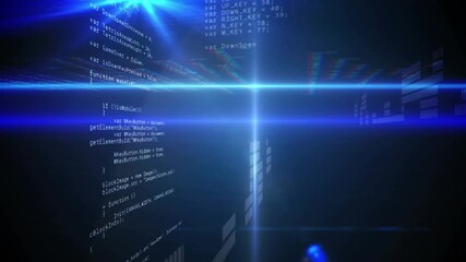 Animation of data processing with glowing lights on blue background - Powered by Adobe