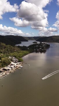Vertical aerial panorama of Mooney Mooney Broken bay Hawkesbury river in Australia.