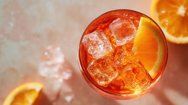 aperol. An overhead view of an Aperol spritz cocktail in an elegant glass with ice and an orange slice. bar promotions, beverage menus, designed for food & beverage menus and cafe branding.