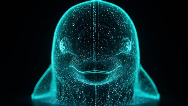 A glowing, digital dolphin emerges from the blackness