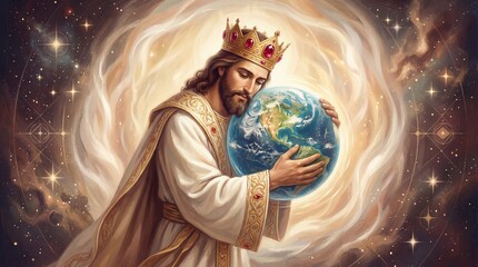 Naklejka premium Divine man with golden crown embracing earth globe in starry cosmos. Spiritual guardian of the planet symbolizing new earth and future enlightenment in esoteric spirituality