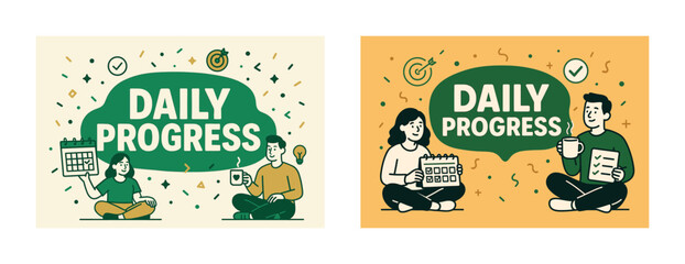 Daily progress illustration with diverse characters and motivational elements