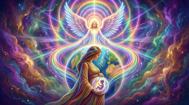 Angel hovers with radiant wings above pregnant woman cradling glowing earth globe containing newborn baby. Esoteric spirituality symbolizing new earth rebirth, future harmony, and cosmic
