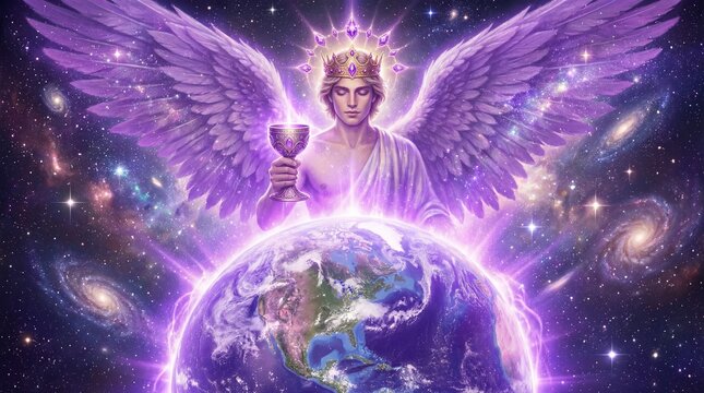 Angel holding chalice above glowing earth in cosmic space. Divine guardian of new earth concept in esotericism and spirituality. Future ascension and spiritual awakening visualization for mystical