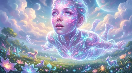 Sierkussen Meisjeskamer Translucent woman floating in ethereal landscape with glowing aura. Spiritual ascension and new earth vision. Future spirituality esoteric dream world with mystical elements and nature harmony.  © Eugen