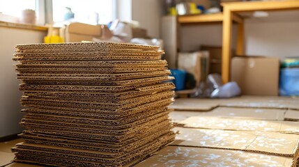 A large stack of flattened brown cardboard boxes sits piled indoors ready for reuse or recycling