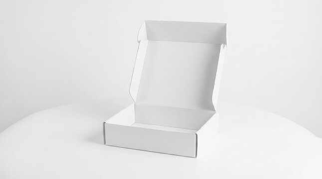 Open empty white cardboard box mockup on a plain background