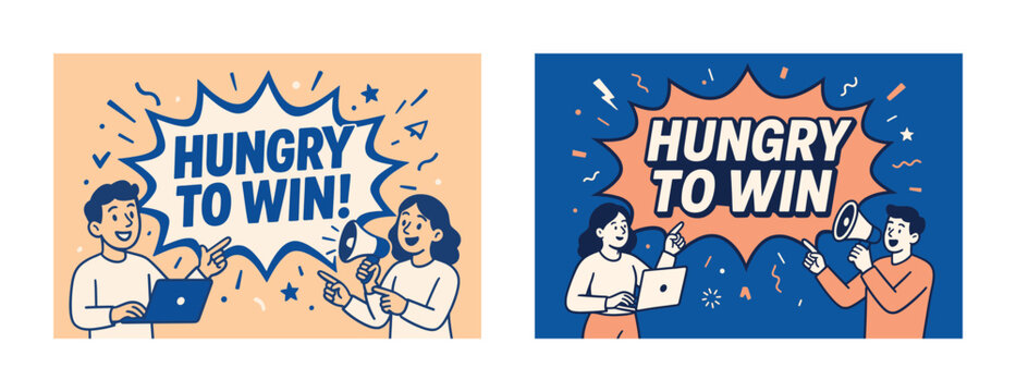 Competitive young adults with laptops and megaphones in dynamic contest setting