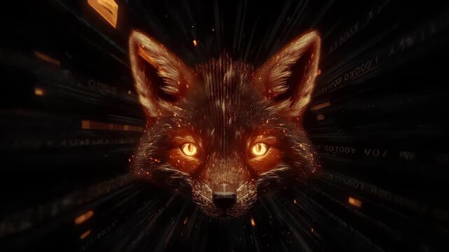 A glowing fox face emanates light, surrounded by a dark, blurred background