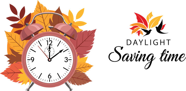 Autumn-themed vector illustration for Daylight Saving Time featuring a pink alarm clock and vibrant falling leaves. - Powered by Adobe