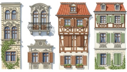 Illustrations of various European-style buildings with unique architectural features and facades