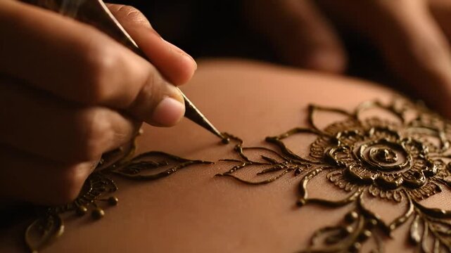 Close-up of Henna Artist Applying Intricate Design to Skin.
