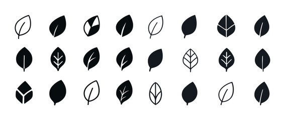 Set of 24 minimal leaf icons with various designs and patterns
