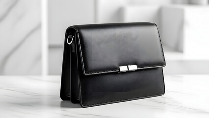 Black leather clutch bag with silver clasp on white surface