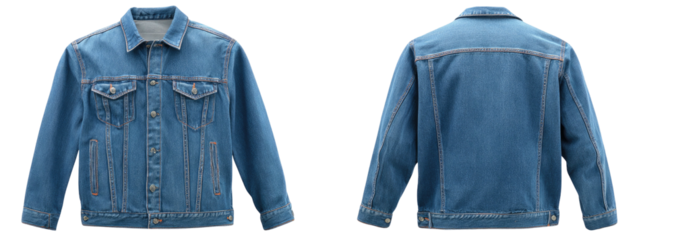A denim jacket displayed, front and back views, with buttons and contrasting stitching