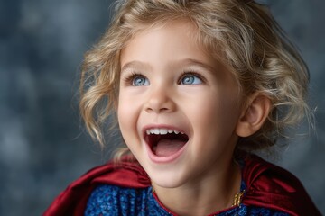 Young child dressed as a superhero happily smiles with excitement in a studio setting