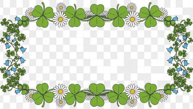 St patricks day border frame with green clover leaves white daisies and blue flowers on transparent background for festive decoration with shamrock