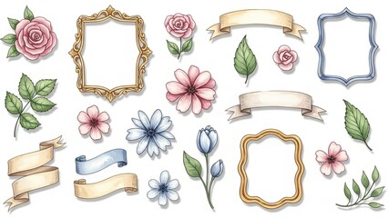 A collection of ornate frames, flowers, and ribbons arranged in a decorative layout