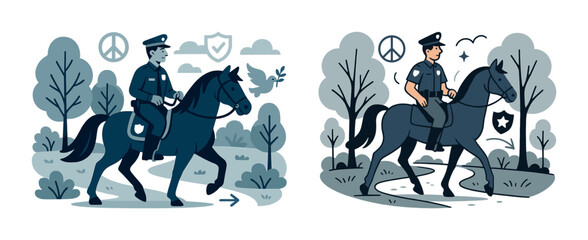 Male police officer on horse patrol in park setting with peace symbols and trees