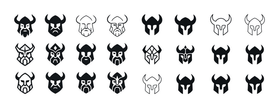 Collection of viking and knight helmets: bold icon designs in black and white