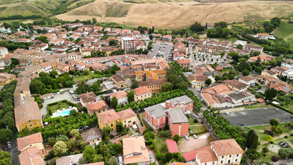 Aerial view of the historic center of Casciana Terme, Pisa, olive trees and vineyards in the...