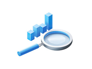 Isometric view showing a magnifying glass superimposed on a rising blue bar graph