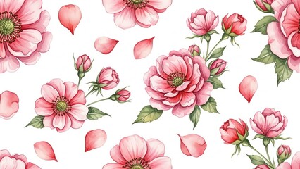 A serene floral pattern featuring pink roses and green leaves on a white background