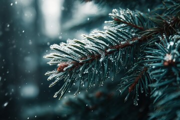 Frost's arrival: capturing the delicate transformation of nature. Creative concept. Glistening rime on spruce: a view into nature's winter transition. Fantastical figures.