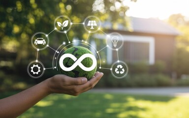 A person holding a green globe with an infinity symbol surrounded by eco-friendly icons in a suburban backyard