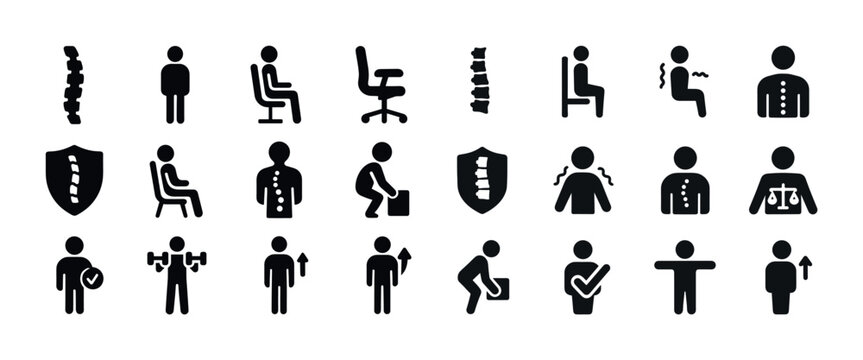 Posture and ergonomics icons: spine, sitting, standing, lifting, exercise