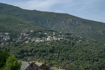 Fototapeta premium panoramic view village mountainous landscape towards the Gulf of Porto in sunlight with blue skies and spectacular cloud