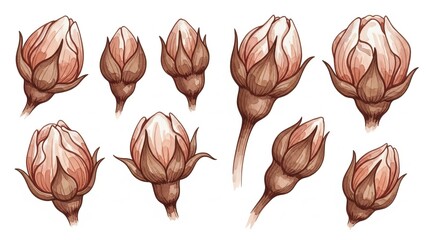 Collection of botanical illustrations of rosebuds in various stages of bloom on a white background