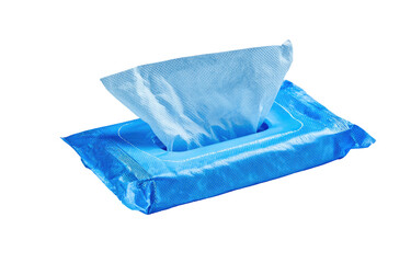 Obraz premium A blue packet of moist wipes with a single sheet pulled out