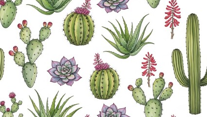A vibrant illustration of various cacti and succulents arranged in a seamless pattern on a white background from a direct viewpoint.